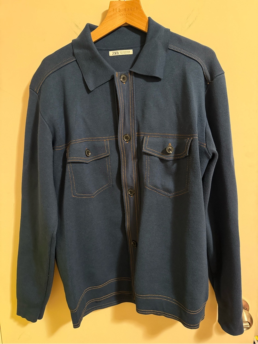 Zara Navy Button-Front Knitted Shirt Jacket with Contrast Stitching - M medium
